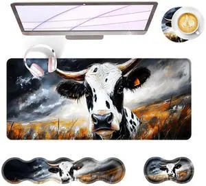 BFUKVOU Large Keyboard Mouse Pad Set, Extended Mouse Pad+Keyboard Wrist Rest Support, Memory Foam Ergonomic Easy Typing, 4Pcs (31.5×11.8 in) Desk Pad Set for Office Home,Cute Cow