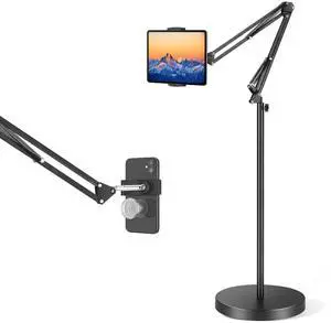 Tablet Floor Stand with 12lb Stable Base - Adjustable Height Heat-Resistant Anti-Scratch Stretchable Swivel Holder, Compatible with iPhone iPad Pro Air Mini, Samsung, Kindle, Cell Phones (4.7''-13'')