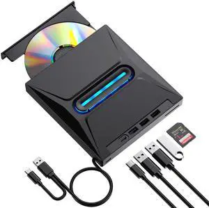 External CD DVD Drive with 4 USB Ports and 2 Type-c Ports and 1 TF/SD Card Slot,USB 3.0 Portable CD Disc Drive Player Burner Reader Writer for Laptop MacBook Desktop PC Windows 11/10/8/7 Linux Mac OS
