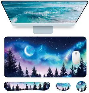 ACRNIGHEET 4 in 1 Large Keyboard Mouse Pad Set,Ergonomic Keyboard Wrist Rest Pad,Wrist Support Mousepad Set,Cup Coaster,Extended Desk Mat for Home Game Women Office Desk Decor Accessories(Night Sky)