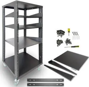 AxcessAbles 22U Open Frame Network & AV Rack with Caster Wheels, Three 2U Shelves, 10-32 & Cage Nut Compatible Rails, Cage Nuts, Screws, Cage Nut Tool & Wall Mount Kit | 19-Inch Equipment Rack
