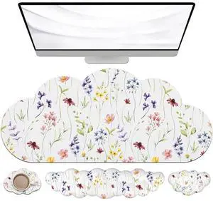 JIKIOU Large Cloud Mouse Pad Waterproof with Cloud Keyboard Wrist Pad and Cloud Mouse Wrist Pad Set, Ergonomic Computer Desk Wrist Support Mousepad for Keyboard and Mouse 35.4x15.7in White Flowers