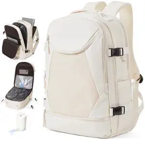 Vacuum Backpack Travel with Pump, Expandable Travel Backpack with Vacuum System, Vacuum Compression Bags Personal Item Carry On Suitcase Luggage Flight Approved Backpacks for Women Men, Beige