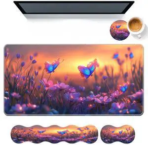 DHEEBFWE Keyboard Mouse Pad Set,Large Desk Pad+Keyboard Wrist Rest+Mouse Wrist Support+Coaster,Easy Typing Pain Relief Non-Slip Wrist Support Mousepad Set Home Office,Glowing Butterflies Flowers