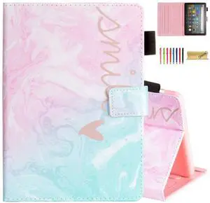 Dteck for Fire HD 8 (12th/10th Generation) Smart Folio Case 2024/2022/2020 Release (8") with Auto Sleep Wake/Stand/Adjustable Viewing Angle/Stylus, PU Leather Protective Cute Cover, Pink Blue Smile