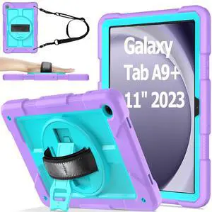 AVAWO Case for Samsung Galaxy Tab A9+ Plus 11 Inch with 360° Swivel Handle Strap Cover with Lanyard, Aqua Teal and Purple