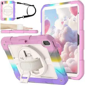 BMOUO Case for iPad (A16) 11th Generation 11" 2025/iPad 10th Generation 10.9 inch 2022, 360 Rotating Stand & Pencil Holder & Hand & Shoulder Strap Shockproof i Pad 11th/10th Generation Case, Rainbow
