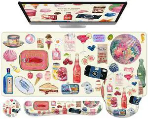 iLeadon Large Desk Cover Mat, Non Slip Gel Mouse Pad with Wrist Support Extra Large, Computer Desk Mat with Keyboard Wrist Rest and Mouse Pad Set, Computer Mats for Desktop Women (Vintage Stickers)