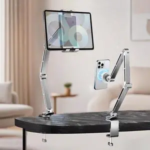 Pisipi Tablet Stand for Desk, iPad Desk Mount, Magnetic Tablet Holder for Desk, Foldable Phone Arm Mount with 360° Adjustable Rotatable, Phone Holder iPad Stand Fits for 4.7-15.6" Screen (Sliver)