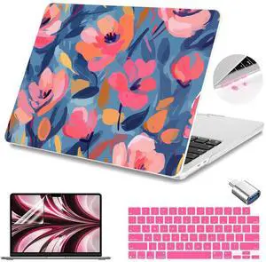 Teryeefi Compatible for 2022-2024 2025 MacBook Air 13.6 inch Case M4 A3240 / M3 A3113/ M2 A2681, Flowers Hard Shell Case&Keyboard Cover&Type C Adapter for MacBook Air M4 M3 M2, W-Abstract Pink Flower