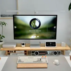 ROCDEER Bamboo Dual Monitor Stand Riser Natural, 2-Tier Desk Monitor Riser for 2 Monitors, Supports for PC Computer Monitor, Printer, Heavy TV Riser up to 300 lbs