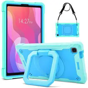 DETUOSI Case for Samsung Tab A7 Lite 8.7 inch 2021 Release SM-T220/T225/T227u, Shockproof Protective Cover for Galaxy Tab A7 Lite 8.7 inch (360°Rotatable Stand & Shoulder Strap), Mint Green & Blue
