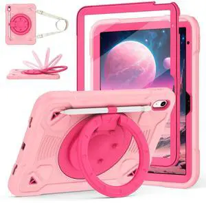 Case for iPad (A16) 11th Generation 11 Inch 2025/iPad 10th Generation 10.9 Inch 2022 with Built-in Screen Protector 360°Rotating Stand,Shoulder Strap Full Body Heavy Duty Protective Cover (Rose Pink)