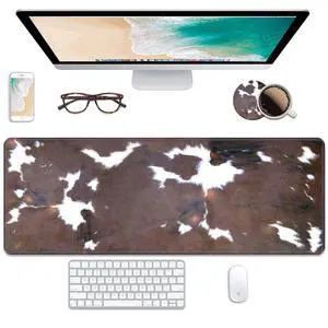 Desk Pad Mat Gaming Mouse Pads with Coasters, 31.5" x 11.8" Large Keyboard Mouse Mat Desk Decor Writing Pad Non Slip Rubber Base Stitched Edges for Work Game Office Home, Brown Cow Print