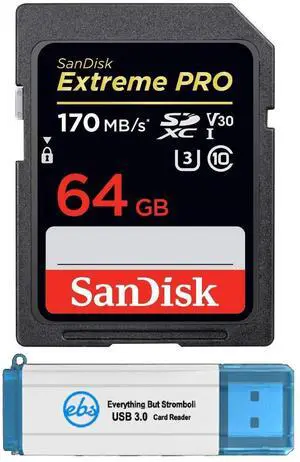 SanDisk Extreme Pro 64GB Memory Card Works with Nikon D5300, D850, D3300, A900, D3400 DSLR Camera SDXC 4K Bundle with (1) Everything But Stromboli 3.0 SD/Micro Reader