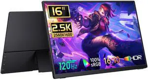 Portable Monitor Gaming 2.5K 120Hz, 16" 2560x1600 QHD 16:10 400 Nits HDR FreeSync Portable Monitor w/Speaker Sleeve Case, External Screen for PC Laptop Game Console