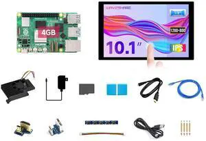 Waveshare Display Kit, Compatible with Raspberry Pi 5, Bundle with Raspberry Pi 5 4GB, 10.1inch LCD, Cooler, 64GB TF Card, Cable and so on (14 Items)
