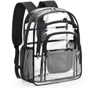 ZORFIN Clear Backpack Heavy Duty for School & Work  18in Transparent PVC Bag with Large Capacity & Reinforced Straps  See Through Bookbag for Men, Women, Boys & Girls, Workplace Security Black