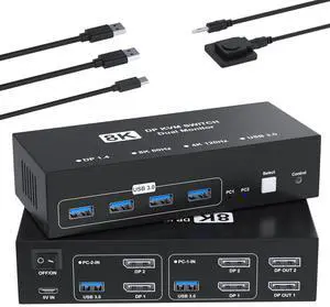 8K@60Hz Displayport KVM Switch 2 Monitors 2 Computers, 4K@120Hz USB3.0 KVM Switch Display Port for 2 Computers Share Dual Monitors and 4 USB Devices, Computer Switch Monitor Switch for 2 Computers