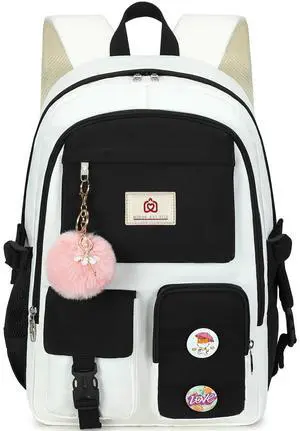 Laptop Backpacks 15.6 Inch School Bag Elementary Middle High College Backpack Cute Bookbags Anti Theft Travel Back Pack Casual Daypack Kids Book Bag for Teens Girls Women Students-Black Beige