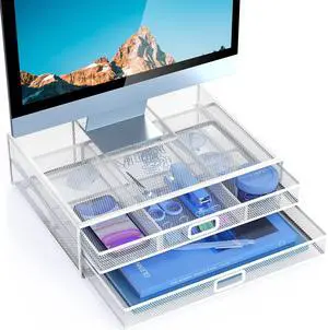 HUANUO Monitor Stand Riser with Drawer - Mesh Metal Desk Organizer PC, Laptop, Notebook, Printer Holder with Pull Out Storage Drawer (White)