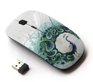 KawaiiMouse [ Optical 2.4G Wireless Mouse ] Teal Peacock Feather Painting Bird