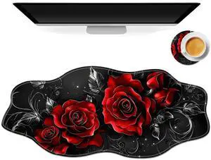 Tudguiloae Large Gaming Mouse Pad with Coaster, Edge Stitching Keyboard Vintage Red Rose Mouse Mat for Desk, 35.4" x 15.75" Household Extended Desk Pad for Desktop, Non-Slip Rubber Base