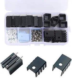 Jienk 30Pcs TO-220 Aluminum Heatsink & Insulator/Mounting Kits for Voltage Regulator MOSFET Transistor,3 Different Size Heatsink 10 Each+ 30 Screws + 30 Screw Washer +30 Insulator Rubberized Silicone