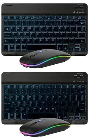 2 Pack Ultra-Slim Bluetooth Keyboard and Mouse Portable Mini Wireless Keyboard Rechargeable 7-Color Backlit for Apple iPad iPhone Samsung Tablet iPhone Smartphone iOS Android Windows,Black