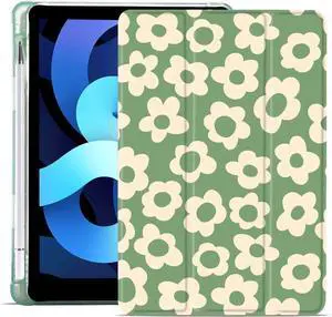 MAYCARI Green Flower Case for iPad air 10.9 inch 2020/2022 with Pencil Holder, Cute iPad 4th/5th Generation Protective Case with Soft TPU Green, Auto Sleep/Wake Cover Slim Shell for Girls Women