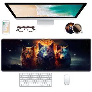 Desk Pad Mat Gaming Mouse Pads with Coasters, 31.5" x 11.8" Large Keyboard Mouse Mat Desk Decor Writing Pad Non Slip Rubber Base Stitched Edges for Work Game Office Home, Wolves
