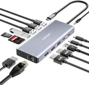 LASUNEY USB C Laptop Docking Station Dual Monitor, 14 in 1 Hub Multiport Adapter Dongle with 2 HDMI, DisplayPort, RJ45, SD/TF, USB C/A Ports, PD, Mic/Audio, Compatible for MacBook Dell HP Lenovo