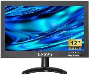 JINSWY 12" Mini Security Monitor, IPS 1366x768 Metal Screen, HDMI/VGA/AV/BNC/USB Input, Built-in Speakers & Remote, for CCTV Surveillance and Security Systems