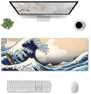 Japanese Sea Wave Gaming Mouse Pad, Large Non-Slip Rubber Base Mousepad, Keyboard Mouse Mat, Desk Pad with Stitched Edges, 31.5x11.8inch, Huge Waves