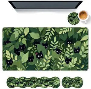 DHEEBFWE Keyboard Mouse Pad Set,Large Desk Pad+Keyboard Wrist Rest+Mouse Wrist Support+Coaster,Easy Typing Pain Relief Non-Slip Wrist Support Mousepad Set Home Office,Black Cats in The Leaves