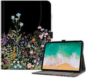 Lalumix for iPad Air M3/M2 11 Inch Case 2025/2024, for iPad Air 5Th/4Th Generation Cover 10.9-inch, for iPad Pro 11 Inch Case 4th/3rd/2nd/1st Generation Pencil Holder/Hand Strap/Pocket, Black Flower