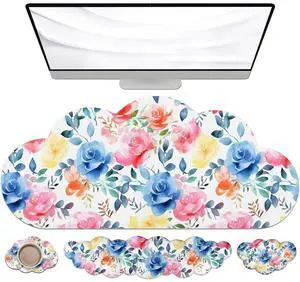 JIKIOU Large Cloud Mouse Pad Waterproof with Cloud Keyboard Wrist Pad and Cloud Mouse Wrist Pad Set, Ergonomic Computer Desk Wrist Support Mousepad for Keyboard and Mouse 35.4x15.7in Colored Rose