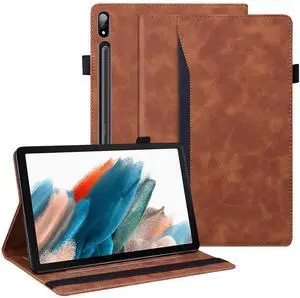 Dteck Flip Case for Galaxy Tab S10/S9/S8 14.6", PU Leather Smart Stand Wake/Sleep Cover with S Pen Holder Front Pocket, Brown