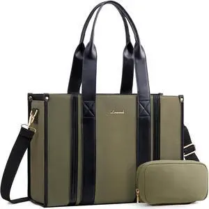LOVEVOOK laptop bag for women 15.6 inch large Lightweight canvas work tote bags with Clutch Purse water resistant computer bags for laptops for women Business Office Travel college Casual, green black