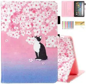 Dteck for Fire HD 8 (12th/10th Generation) Smart Folio Case 2024/2022/2020 Release (8") with Auto Sleep Wake/Stand/Adjustable Viewing Angle/Stylus, PU Leather Protective Cute Cover, Pink Cherry Cat