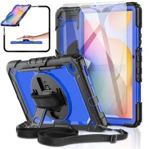 BASE MALL Case for Samsung Galaxy Tab S6 Lite Case 10.4" 2024/2022/2020 with Tempered Glass Screen Protector, Rotatable Kickstand/Hand & Shoulder Strap/S Pen Holder (Blue)