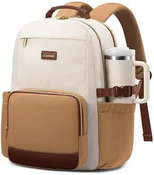 LOVEVOOK Laptop Backpack for Women with Pouch Pocket for Large Capacity Cup,15.6 Inch Laptop Computer Bag Travel Backpack Purse,Waterproof Work Business Backpack College Teacher Bag,Beige-Brown-Bbrown