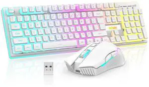 RedThunder K10 Wireless Gaming Keyboard and Mouse Combo, RGB Backlit Rechargeable 3800mAh Battery, Mechanical Feel Anti-ghosting Keyboard + 7D 3200DPI Mice for PC Gamer(White Pudding)