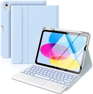 MoKo Touch Keyboard Case for iPad (A16) 11th Generation 11 inch 2025, iPad 10th Generation 10.9 inch Case with Pencil Holder, 7 Colors Backlit Multi-TrackPad Detachable Bluetooth Keyboard, Sky Blue