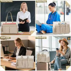 RAINSMORE Laptop Bag for Women 15.6Inch Teacher Nurse Tote Bag Professional Work Laptop Tote with Insulated Pocket Computer Messenger Briefcase Large Handbag for Office College Business, Apricot-White