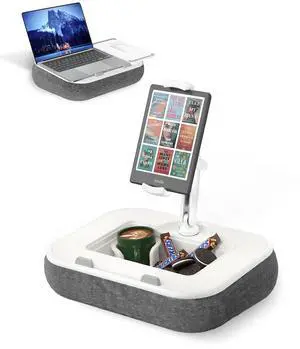 Viozon Kindle Pillow Stand Holder, Phone Holder for Bed, Laptop Lap Desk with Mouse Pad,Compatible with 4.7-13" Kindle/Tablet/Phone,10-15" Laptop, Snack Bowl&Cup Attachment&Detachable 360°Stand Arm