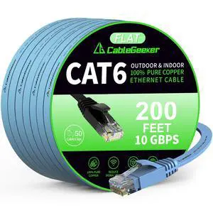 Cat 6 Ethernet Cable 200 ft, High Speed 10Gbps Flat Internet Network Cable, Pure Copper Ethernet Patch Cable Long, Computer LAN Cable with Clips & Straps for Router, Modem, PS4/5, Blue