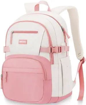 WINDARS Backpack for School Girls, Cute High School Backpacks for Teens Women Student Large Bookbag 15.6 Inch Laptop Bag with USB Charger Port for College Work Travel Trip (Pink Beige)