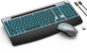 JOYACCESS Ergonomic Wireless Backlit Keyboard with Phone Holder,Rechargeable Wireless Keyboard Mouse Combo with Light Up Keys for for Laptop, PC, Mac, Windows-Grey