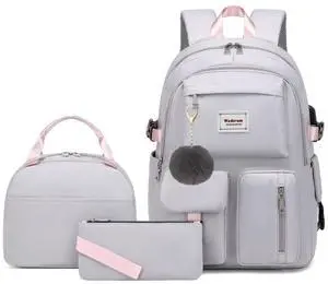 Wadirum Fashion School Backpack Set for Girl Roomy Women Laptop Backpack Grey